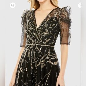 Black Embellished Gathered Puff Sleeve Faux Wrap Gown